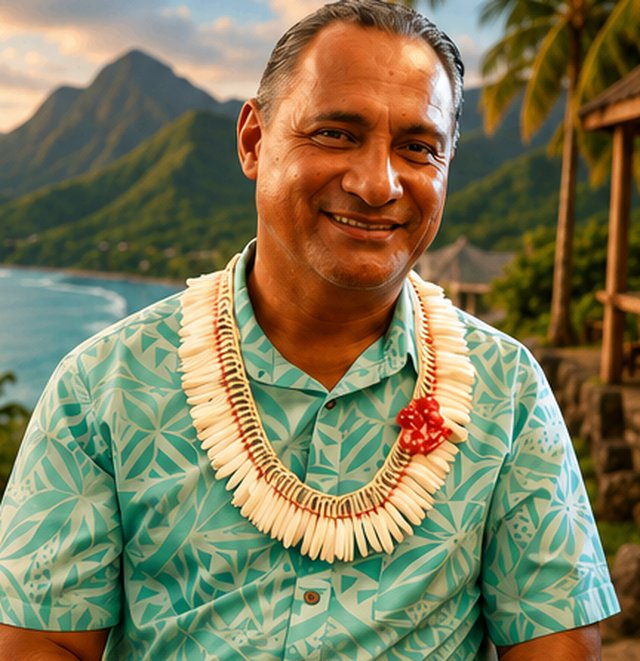 Portrait of Taotasi Archie Soliai wearing a patterned shirt and an ula lei, with mountains and coastline behind him.