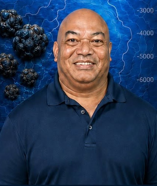 Portrait of Dr. Domingo Ochavillo in a navy polo shirt against a bathymetric map with polymetallic nodules.