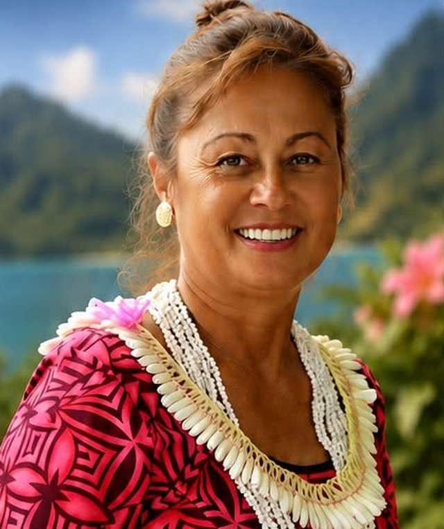 Portrait of Lydia Faleafine-Nomura in a red patterned dress and shell ula, with mountains and sea behind her.