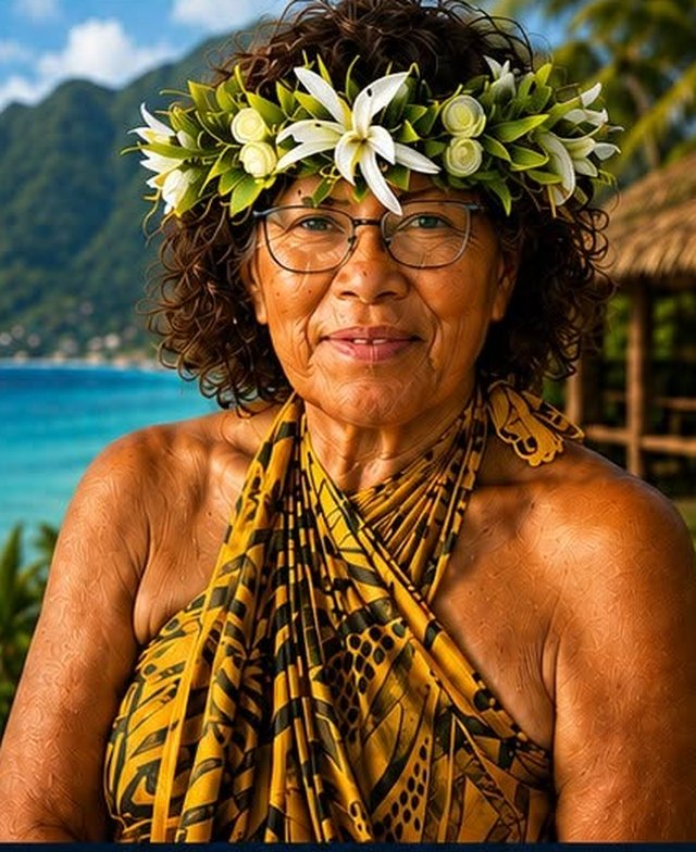 Portrait of Tisa Faʻamuli wearing a woven flower crown and patterned lavalava, with a beach and fale behind her.